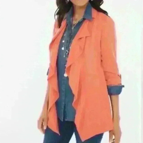 Chico's Ochre Ruffle Women’s Jacket Size 1 with inside pockets - Picture 1 of 15